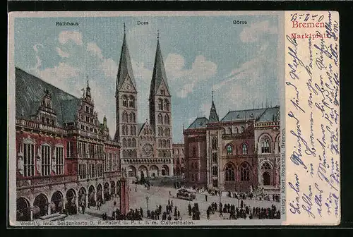 Seiden-Imitations-AK Bremen, Marktplatz, Rathaus mit Dom und Börse, Strassenbahn