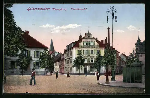 AK Kaiserslautern /Rheinpfalz, Fackelrondell mit Gasthaus Zum Hexenbäcker