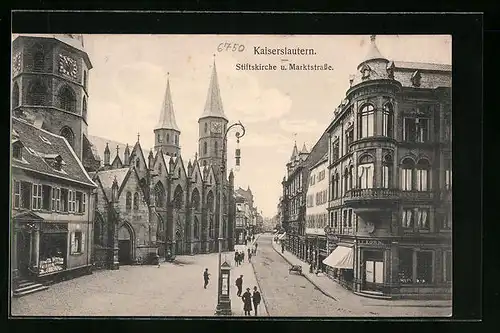 AK Kaiserslautern, Marktstrasse mit Geschäften und Stiftskirche