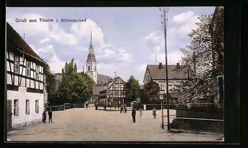 AK Thurm i. Mülsengrund, Strassenpartie mit Geschäften und Kirche
