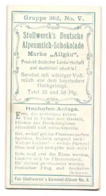 Sammelbild Stollwerck`s Deutsche Alpenmilch-Schokolade, Marke Allgäu, Hochofen-Anlage