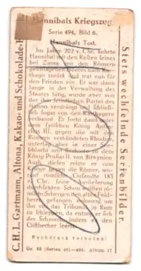 Sammelbild Gartmann Schokolade, Hannibals Kriegszug, Hannibal`s Tod