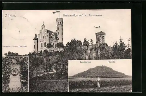 AK Görlitz, Restauration auf der Landskrone, Theodor Körner Denkmal, Landskrone (Ostseite)