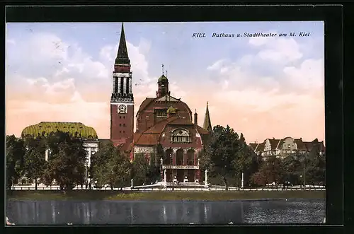 AK Kiel, Rathaus und Stadttheater am kl. Kiel