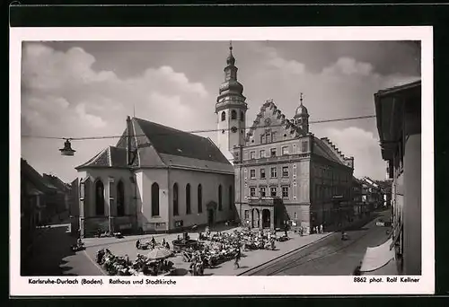 AK Karlsruhe-Durlach, Rathaus und Stadtkirche