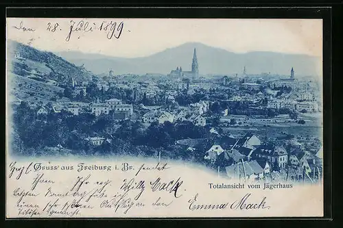 AK Freiburg i. Br., Gesamtansicht vom Jägerhaus aus gesehen