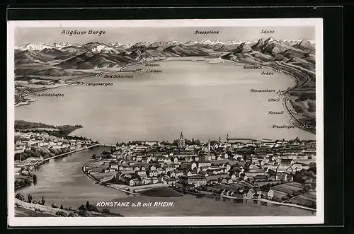 AK Konstanz, Gesamtansicht mit Bodensee und Allgäuer Berge