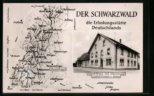 AK Mundelfingen / Schwarzwald, Gasthof-Pension Zur Krone, Landkarte mit umliegenden Ortschaften