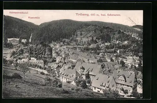 AK Triberg / Schwarzwald, Ortsansicht mit Schwarzwaldhotel und Wasserfälle