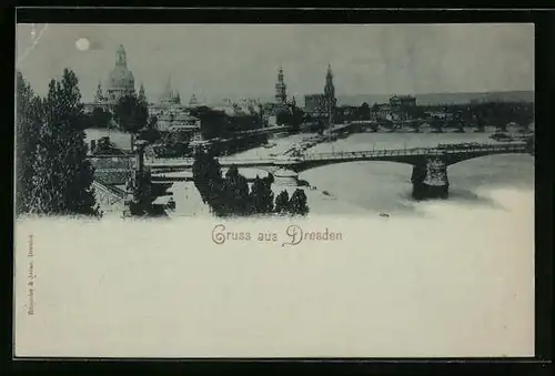 Mondschein-AK Dresden, Blick auf die Promenade und die Brücke, Blick zur Frauenkirche