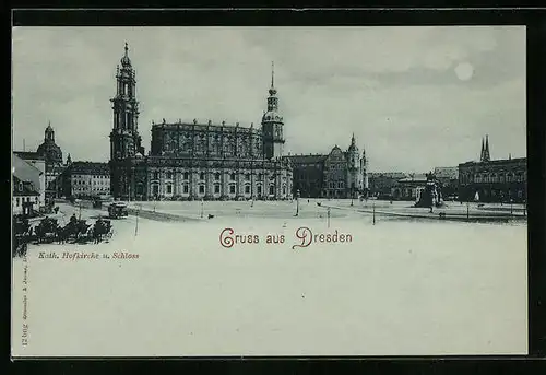 Mondschein-AK Dresden, Katholische Hofkirche und das Schloss