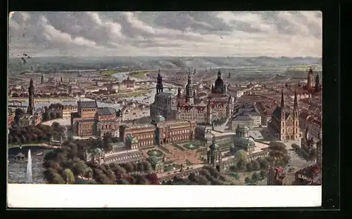 Künstler-AK Dresden, Stadtgansicht aus der Vogelperspektive, Blick zur Elbe