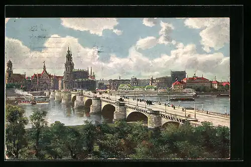 Künstler-AK Dresden, König Friedrich August-Brücke Schlossplatz und Theaterplatz