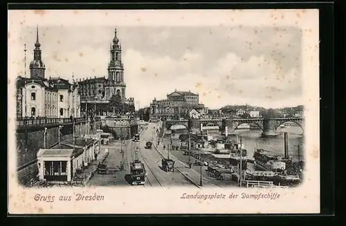 AK Dresden, Landungsplatz der Dampfschiffe, Blick auf die Elbbrücke