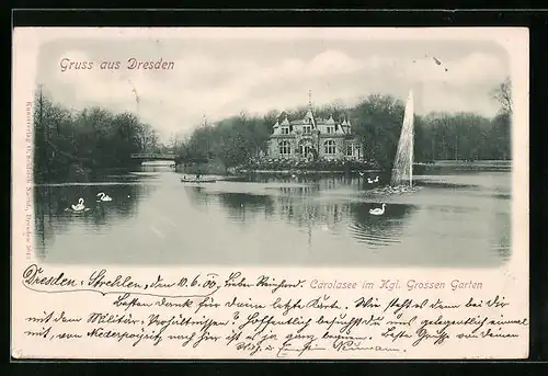 AK Dresden, Gasthaus am Ufer des Carolasee im kgl. Grossen Garten