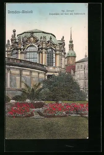 AK Dresden, Altstadt, Kgl. Zwinger, Ostpavillon mit Beet und Schlossturm