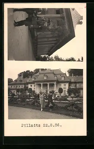 AK Pillnitz, Frauen im Park vor der Villa, Soldat in Uniform mit 