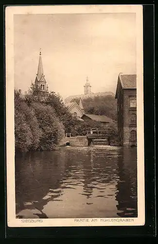 AK Siegburg, Partie am Mühlengraben, Blick zur Kirche