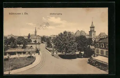 AK Mülhausen i. Els., Stadteingang mit der Marienkirche im Hintergrund