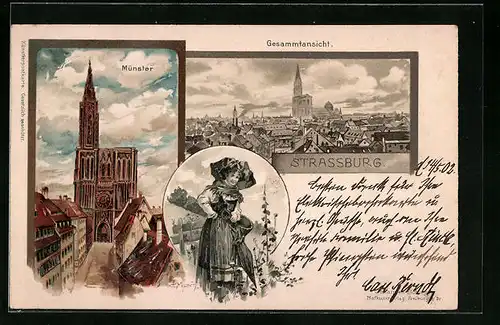 Künstler-AK Carl Münch: Strassburg, Gesamtansicht mit dem Münster, Elsässerin in Tracht