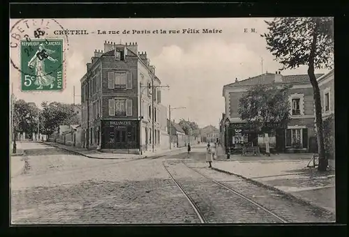 AK Creteil, La rue de Paris et la rue Felix Maire