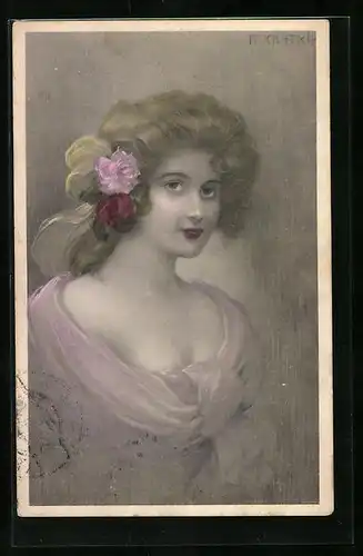 Künstler-AK R. Kratky: Attraktive Frau mit Blumen im Haar