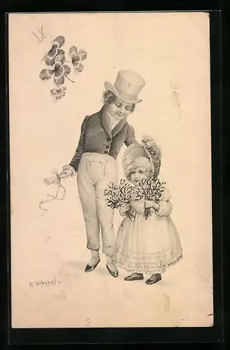 Künstler-AK R. Kratky: Mann mit Zylinder und Kind, Kleeblätter