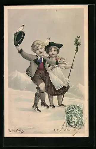 Künstler-AK R. Kratky: Kinder in Trachten im Schnee
