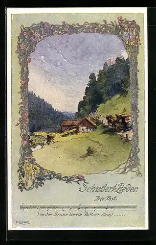 Künstler-AK sign. Elsner: Die Post, Postkutsche fährt an Bauernhof vorbei