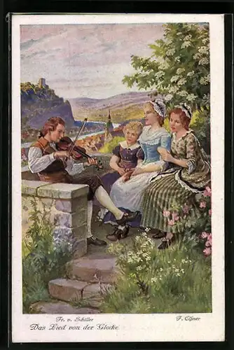 Künstler-AK sign. Elssner: Mann spielt anderen Violine vor