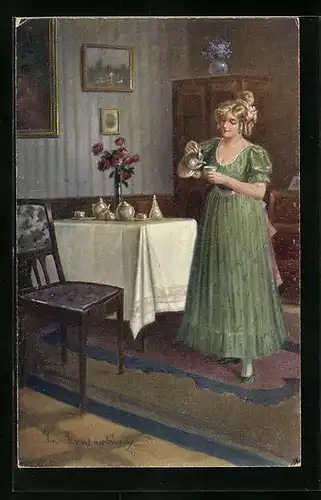 Künstler-AK R. Kratky: Frau serviert Tee