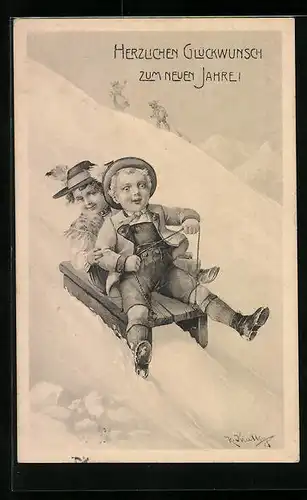 Künstler-AK R. Kratky: Kinder in Trachten beim Rodeln