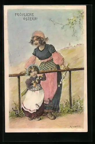 Künstler-AK R. Kratky: Frau und Tochter mit Weidenkätzchenzweig