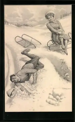 Künstler-AK Franz Kuderna: Mann stürzt vom Schlitten in Schnee