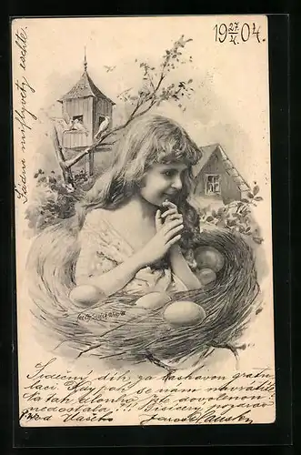 Künstler-AK Charles Scolik: Mädchen im Vogelnest zwischen Eiern