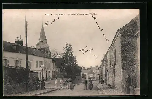 AK St-Clair-sur-Epte, La grande Route près l`Eglise