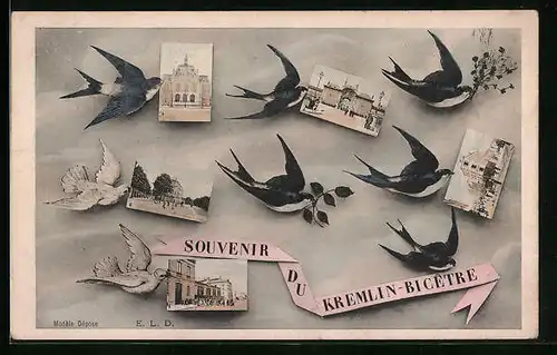 AK Kremlin-Bicetre, Schwalben und Tauben mit Gebäudeansichten im Schnabel