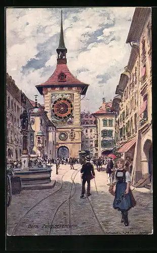 Künstler-AK Georges Stein: Bern, Zeitglockenturm mit Strassenbahn