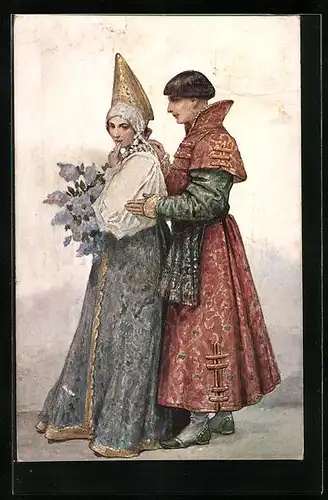 Künstler-AK S. Solomko: Liebesworte, Paar in traditioneller Kleidung