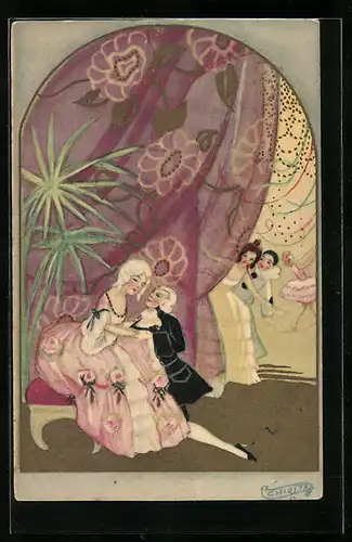 Künstler-AK Carlo Chiostri: Harlekin und Frau beobachten Liebespaar