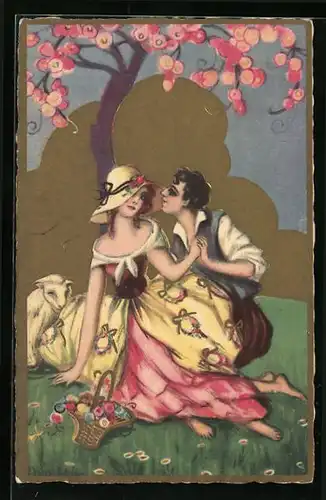 Künstler-AK Carlo Chiostri: Liebespaar unterm Baum mit Lamm