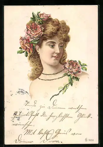 Glitzer-AK Junge Frau mit Blumen im Haar, Jugendstil