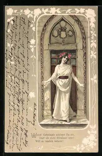 Präge-AK Welch` ein Geheimnis schliesst Du ein..., Fräulein mit Blumen im Haar, Jugendstil