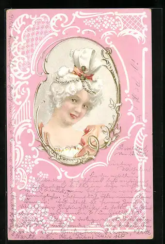 AK Fräulein mit Perücke, Jugendstil