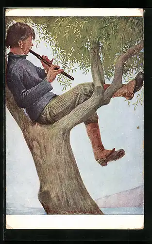 Künstler-AK G. Hirth`s Verlag, Serie: XIII, 4., Flötenspieler im Olivenbaum