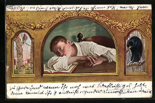 Künstler-AK G. Hirth`s Verlag, Serie: XI, 6., Verträumter Junge auf Buch liegend