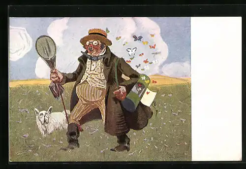 Künstler-AK G. Hirth`s Verlag, Serie: XXVIII, 1., Schmetterlingssammler mit Kescher und Hund