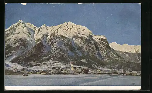 Künstler-AK G. Hirth`s Verlag, Serie: XXV, 4., Dorf mit Alpenpanorama im Schnee