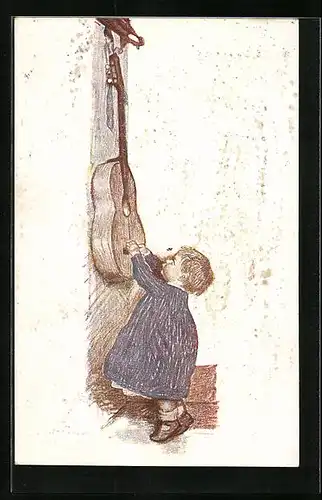 Künstler-AK G. Hirth`s Verlag, Serie: Nr. 13, Kleines Kind greift nach Gitarre an der Wand