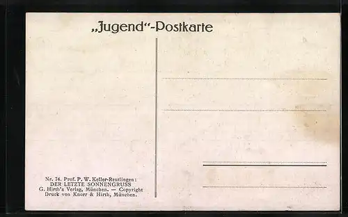 Künstler-AK G. Hirth`s Verlag, Serie: Nr. 74, Gänsemagd vor Bauernhaus bei untergehender Sonne